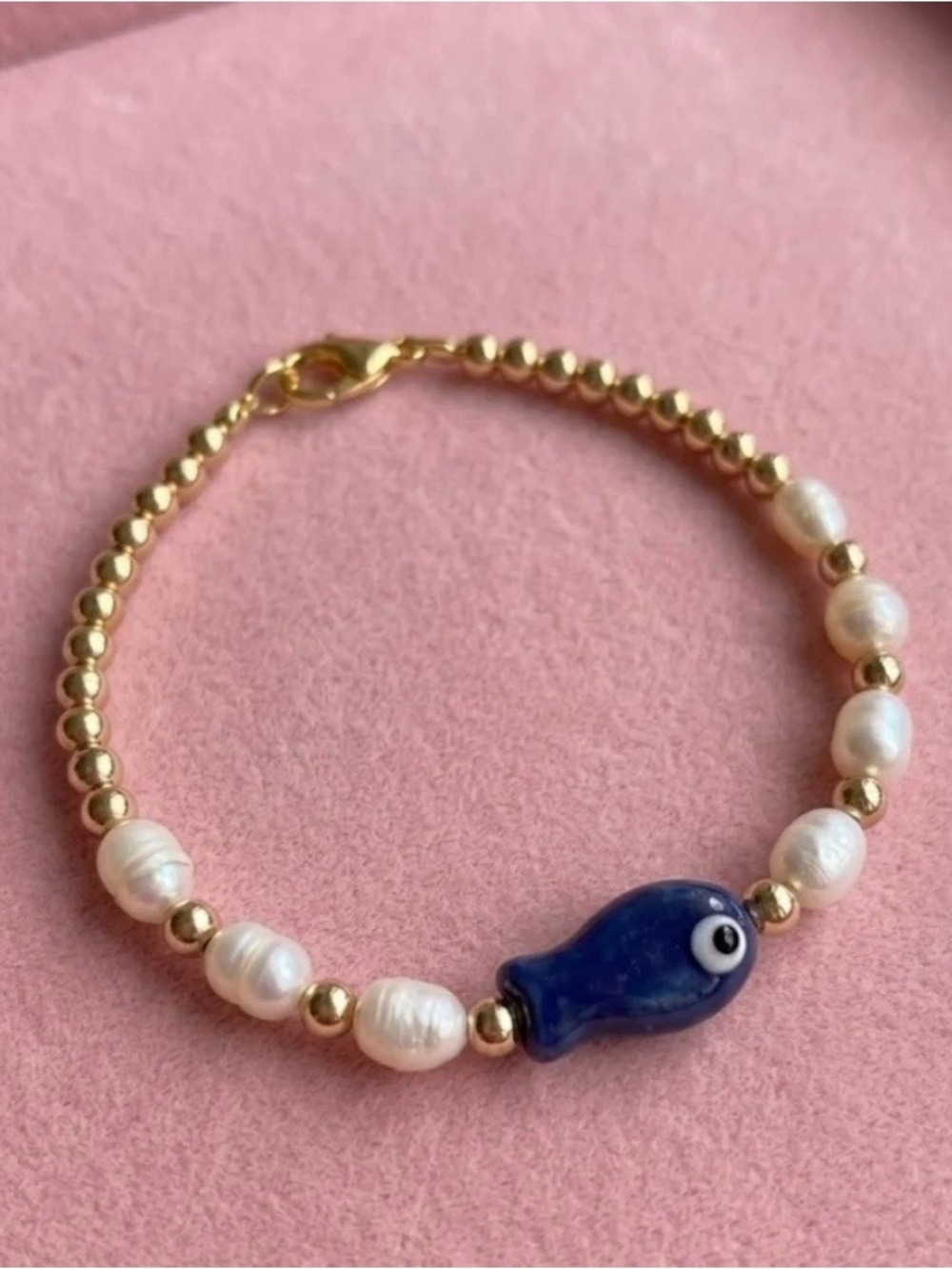 Gold Beaded Pearl Bracelet with Blue Fish Charm